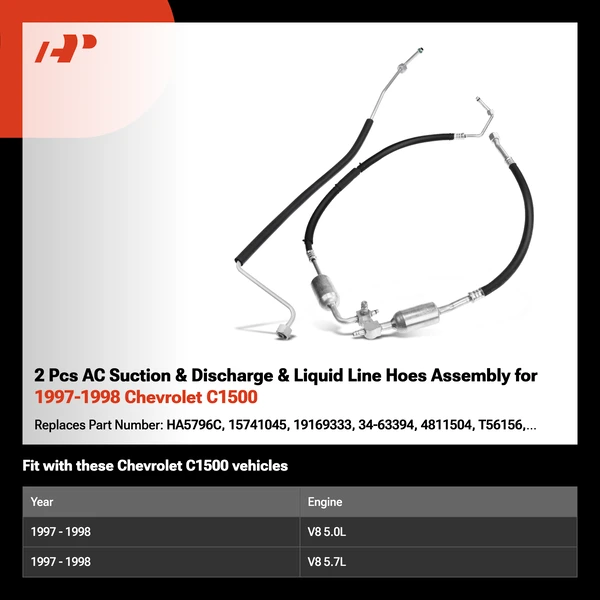 2 Pcs AC Suction & Discharge & Liquid Line Hoes Assembly for 1997-1998 Chevrolet C1500