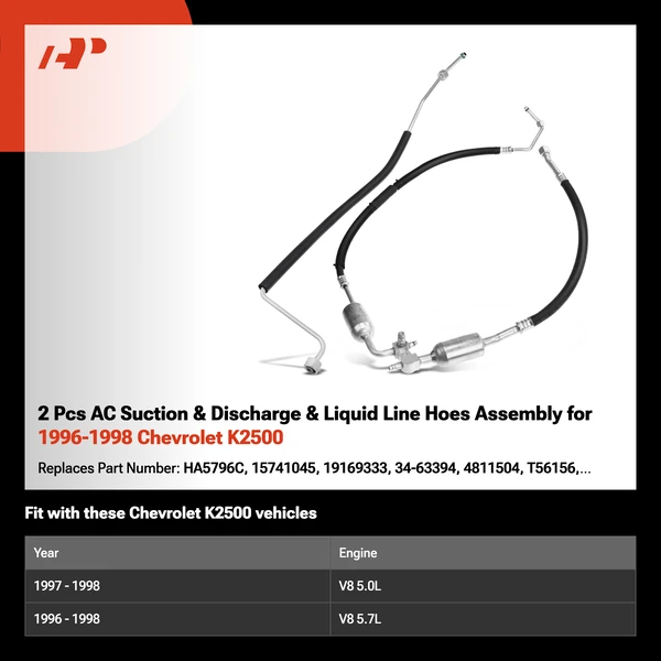 2 Pcs AC Suction & Discharge & Liquid Line Hoes Assembly for 1996-1998 Chevrolet K2500