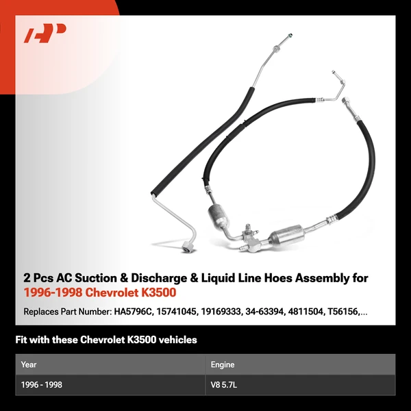 2 Pcs AC Suction & Discharge & Liquid Line Hoes Assembly for 1996-1998 Chevrolet K3500