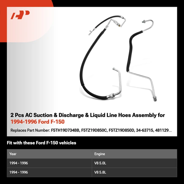 2 Pcs AC Suction & Discharge & Liquid Line Hoes Assembly for 1994-1996 Ford F-150