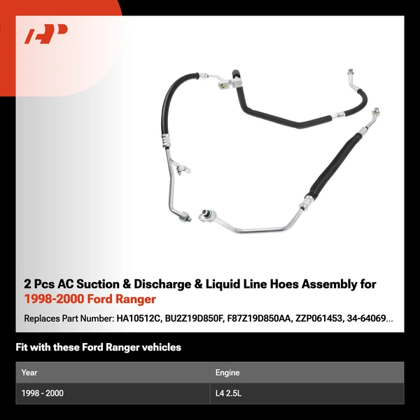 2 Pcs AC Suction & Discharge & Liquid Line Hoes Assembly for 1998-2000 Ford Ranger