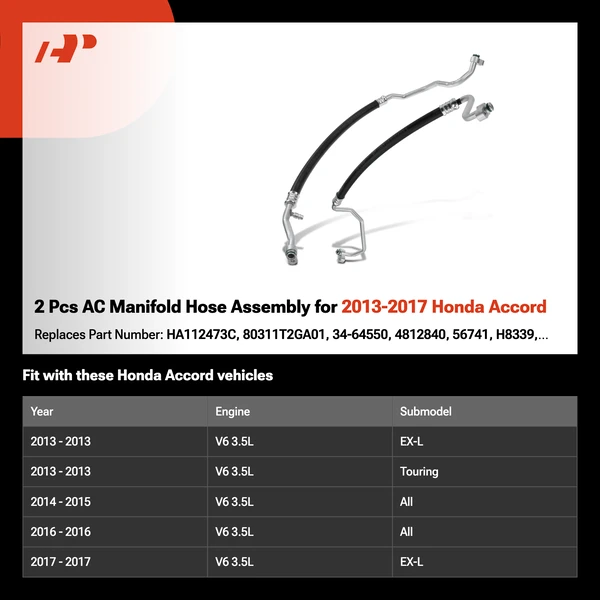 2 Pcs AC Manifold Hose Assembly for 2013-2017 Honda Accord