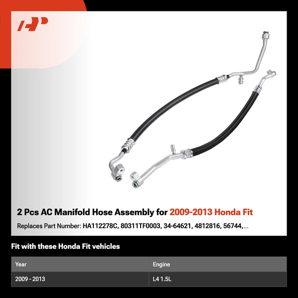 2 Pcs AC Manifold Hose Assembly for 2009-2013 Honda Fit