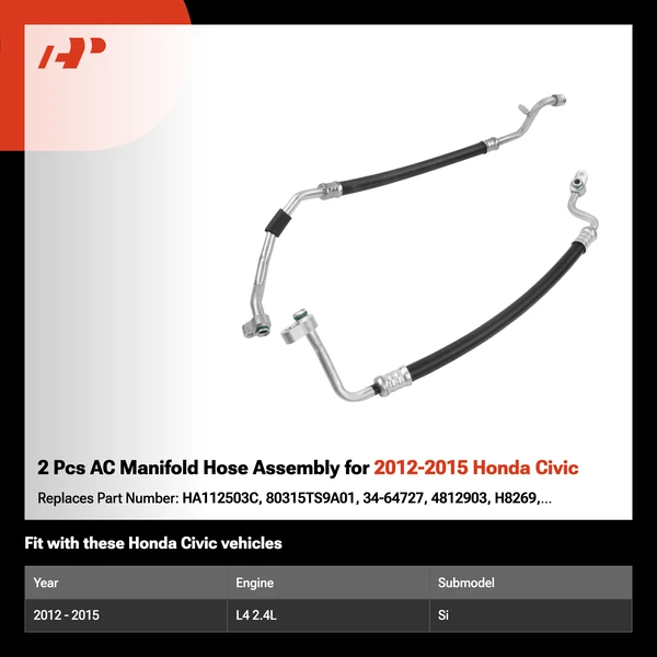 2 Pcs AC Manifold Hose Assembly for 2012-2015 Honda Civic