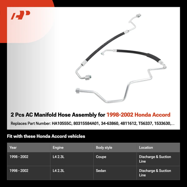2 Pcs AC Manifold Hose Assembly for 1998-2002 Honda Accord