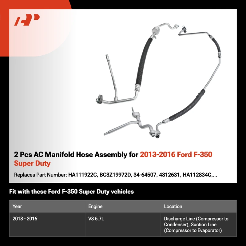 2 Pcs AC Manifold Hose Assembly for 2013-2016 Ford F-350 Super Duty