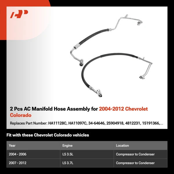 2 Pcs AC Manifold Hose Assembly for 2004-2012 Chevrolet Colorado