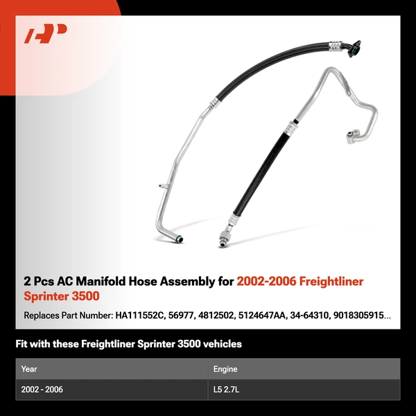 2 Pcs AC Manifold Hose Assembly for 2002-2006 Freightliner Sprinter 3500