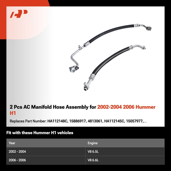 2 Pcs AC Manifold Hose Assembly for 2002-2004 2006 Hummer H1