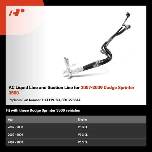 AC Liquid Line and Suction Line for 2007-2009 Dodge Sprinter 3500