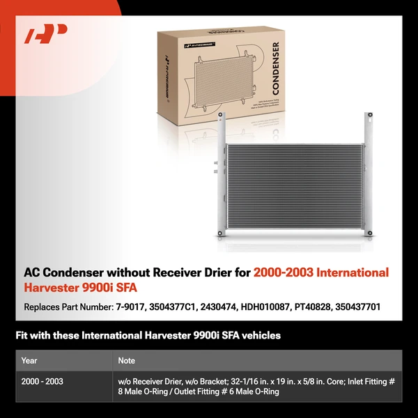 AC Condenser without Receiver Drier for 2000-2003 International Harvester 9900i SFA