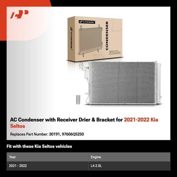 AC Condenser with Receiver Drier & Bracket for 2021-2022 Kia Seltos