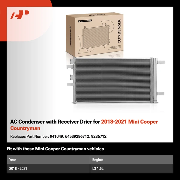 AC Condenser with Receiver Drier for 2018-2021 Mini Cooper Countryman