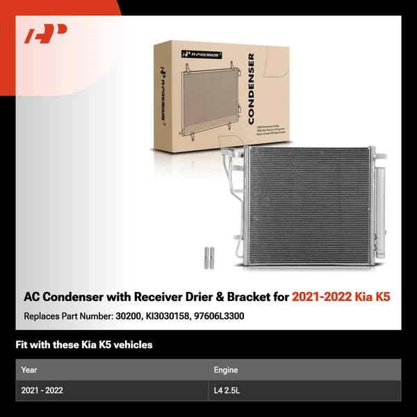 AC Condenser with Receiver Drier & Bracket for 2021-2022 Kia K5