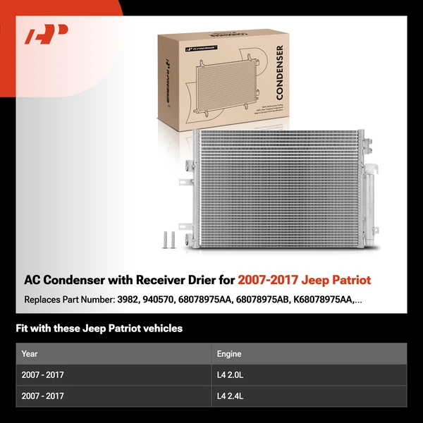 AC Condenser with Receiver Drier for 2007-2017 Jeep Patriot