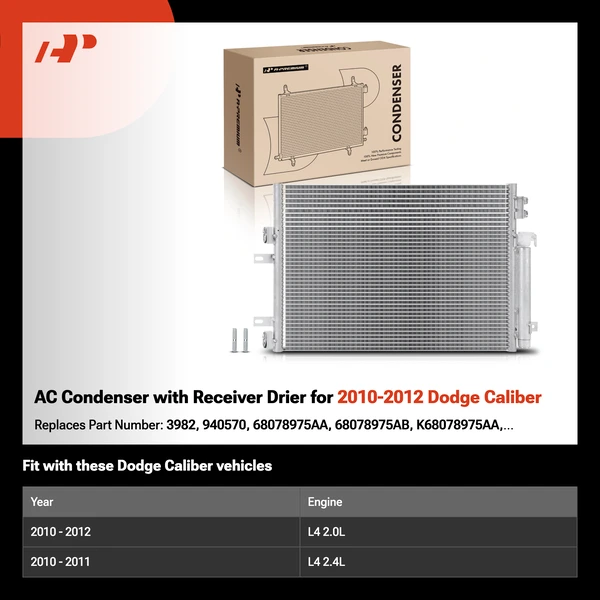 AC Condenser with Receiver Drier for 2010-2012 Dodge Caliber