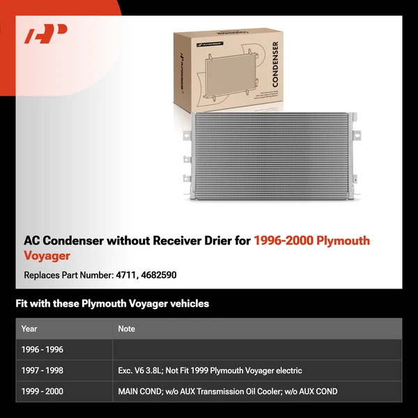 AC Condenser without Receiver Drier for 1996-2000 Plymouth Voyager