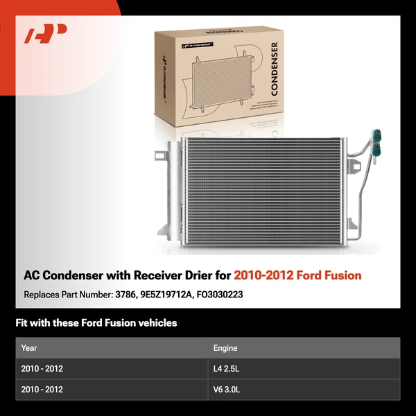 AC Condenser with Receiver Drier for 2010-2012 Ford Fusion