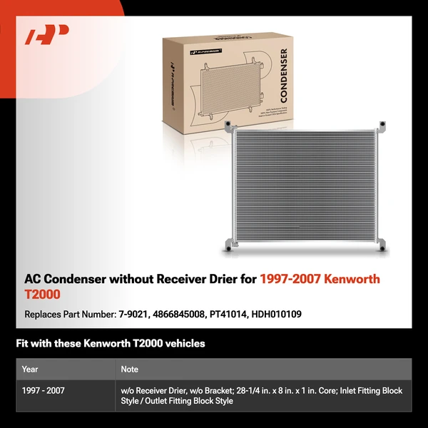 AC Condenser without Receiver Drier for 1997-2007 Kenworth T2000
