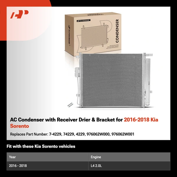 AC Condenser with Receiver Drier & Bracket for 2016-2018 Kia Sorento