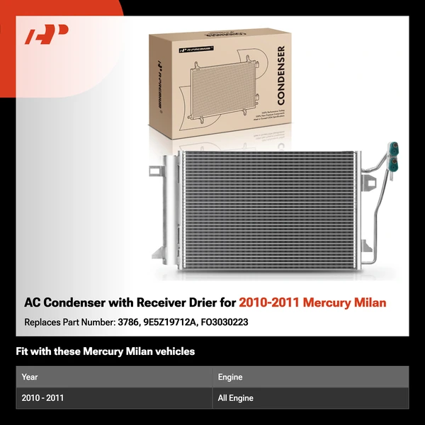 AC Condenser with Receiver Drier for 2010-2011 Mercury Milan
