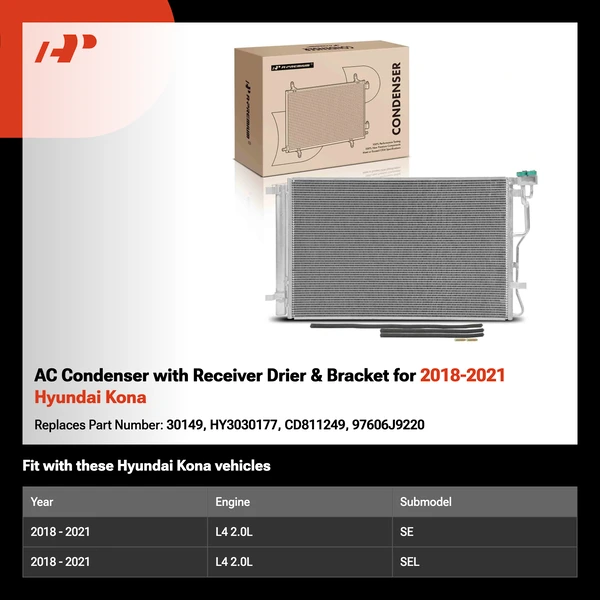 AC Condenser with Receiver Drier & Bracket for 2018-2021 Hyundai Kona
