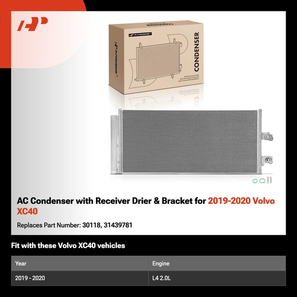 AC Condenser with Receiver Drier & Bracket for 2019-2020 Volvo XC40
