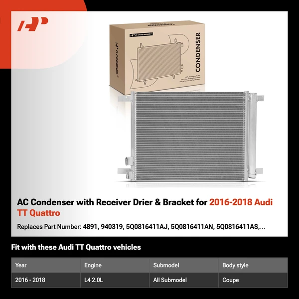 AC Condenser with Receiver Drier & Bracket for 2016-2018 Audi TT Quattro