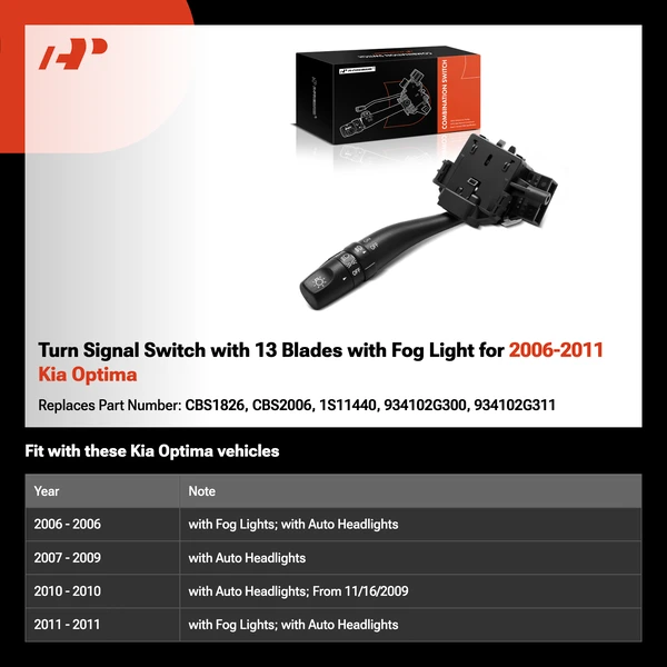 Turn Signal Switch with 13 Blades with Fog Light for 2006-2011 Kia Optima
