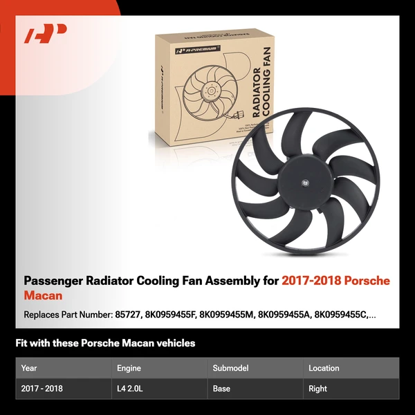 Passenger Radiator Cooling Fan Assembly for 2017-2018 Porsche Macan
