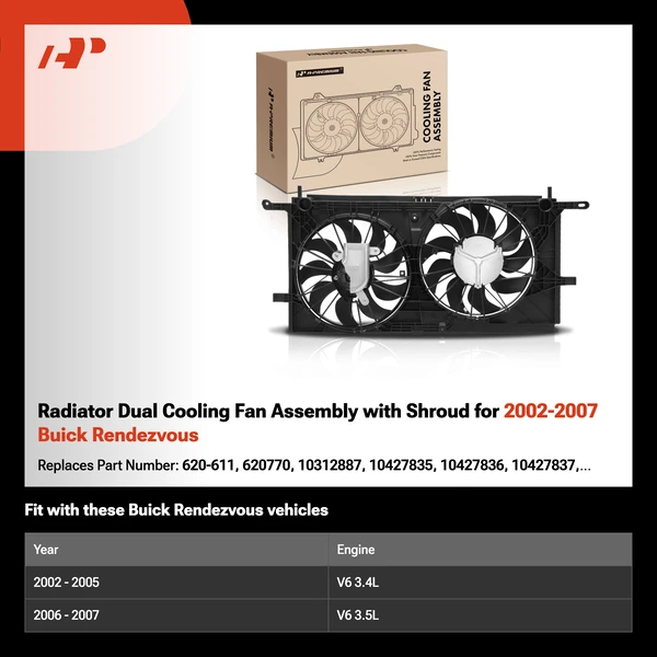 Radiator Dual Cooling Fan Assembly with Shroud for 2002-2007 Buick Rendezvous