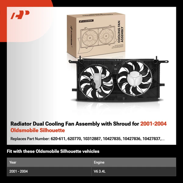 Radiator Dual Cooling Fan Assembly with Shroud for 2001-2004 Oldsmobile Silhouette