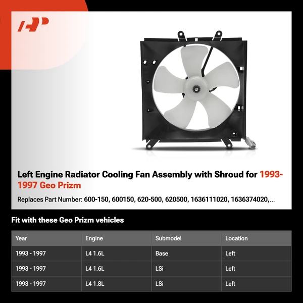 Left Engine Radiator Cooling Fan Assembly with Shroud for 1993-1997 Geo Prizm