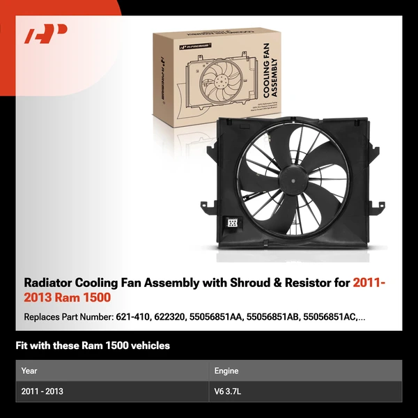 Radiator Cooling Fan Assembly with Shroud & Resistor for 2011-2013 Ram 1500