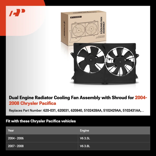 Dual Engine Radiator Cooling Fan Assembly with Shroud for 2004-2008 Chrysler Pacifica