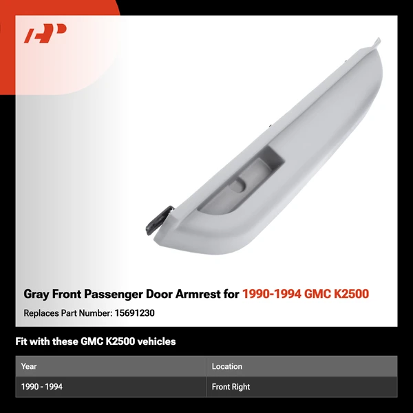 Gray Front Passenger Door Armrest for 1990-1994 GMC K2500