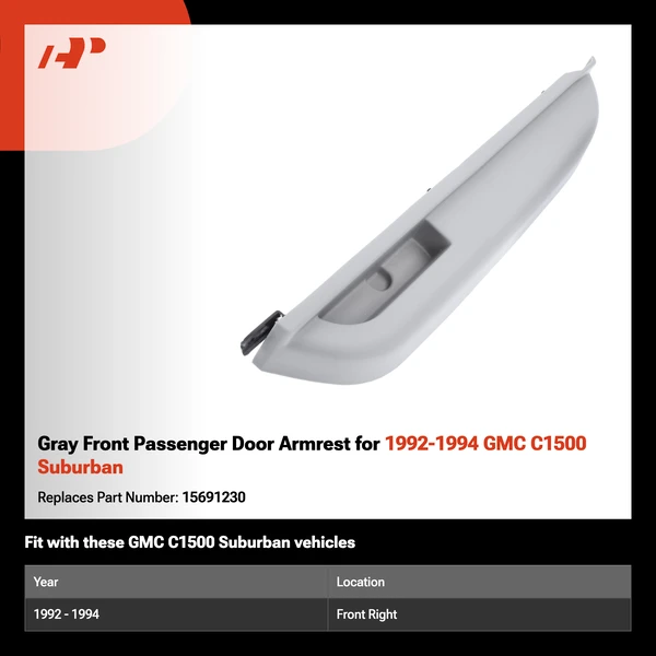 Gray Front Passenger Door Armrest for 1992-1994 GMC C1500 Suburban