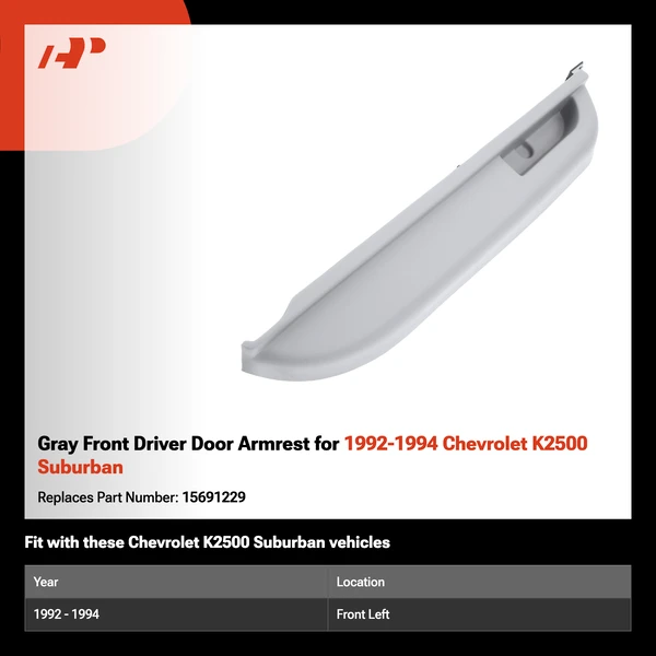 Gray Front Driver Door Armrest for 1992-1994 Chevrolet K2500 Suburban