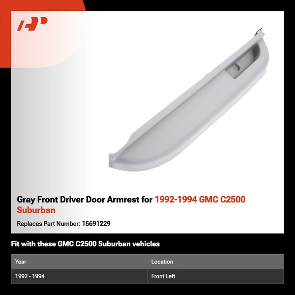 Gray Front Driver Door Armrest for 1992-1994 GMC C2500 Suburban