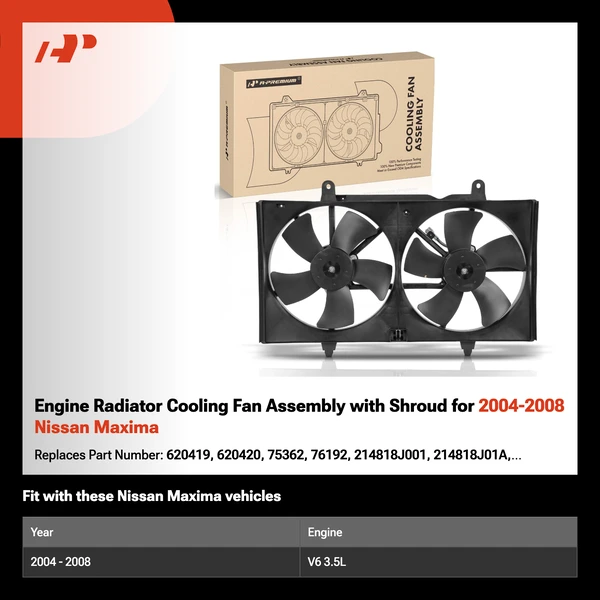 Engine Radiator Cooling Fan Assembly with Shroud for 2004-2008 Nissan Maxima
