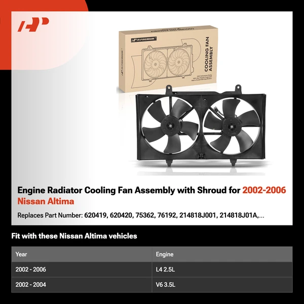 Engine Radiator Cooling Fan Assembly with Shroud for 2002-2006 Nissan Altima