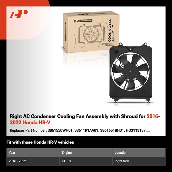 Right AC Condenser Cooling Fan Assembly with Shroud for 2016-2022 Honda HR-V
