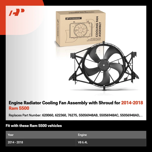 Engine Radiator Cooling Fan Assembly with Shroud for 2014-2018 Ram 5500