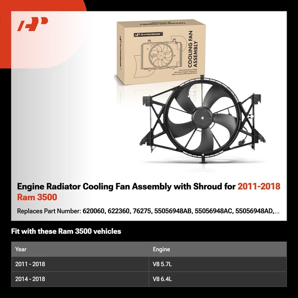 Engine Radiator Cooling Fan Assembly with Shroud for 2011-2018 Ram 3500