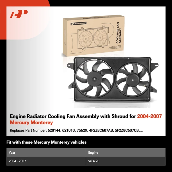 Engine Radiator Cooling Fan Assembly with Shroud for 2004-2007 Mercury Monterey