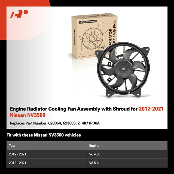 Engine Radiator Cooling Fan Assembly with Shroud for 2012-2021 Nissan NV3500