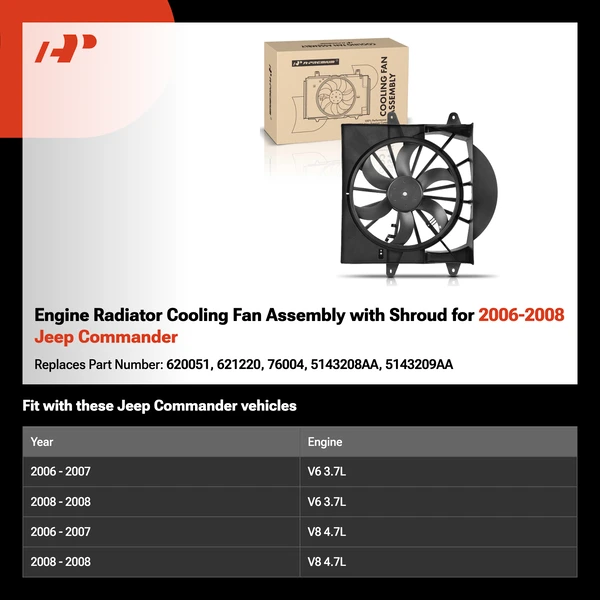 Engine Radiator Cooling Fan Assembly with Shroud for 2006-2008 Jeep Commander