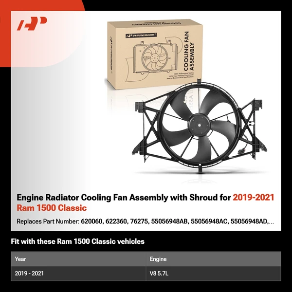 Engine Radiator Cooling Fan Assembly with Shroud for 2019-2021 Ram 1500 Classic