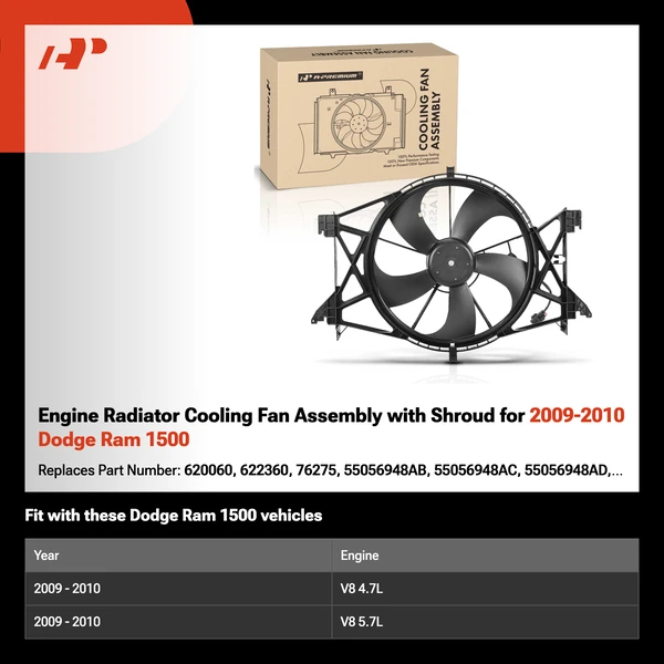 Engine Radiator Cooling Fan Assembly with Shroud for 2009-2010 Dodge Ram 1500