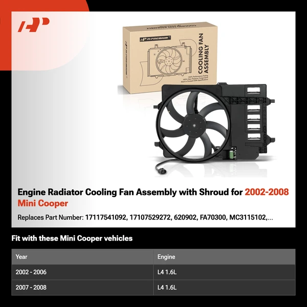 Engine Radiator Cooling Fan Assembly with Shroud for 2002-2008 Mini Cooper